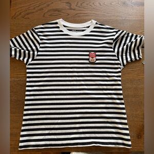 Uniqlo Black and White Striped Short Sleeve Tee with Red Patch